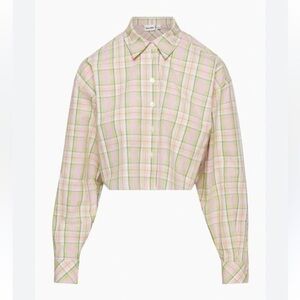 Sun-Deh Oversized Cropped Plaid Collared Button Down Blouse Cotton Size Small